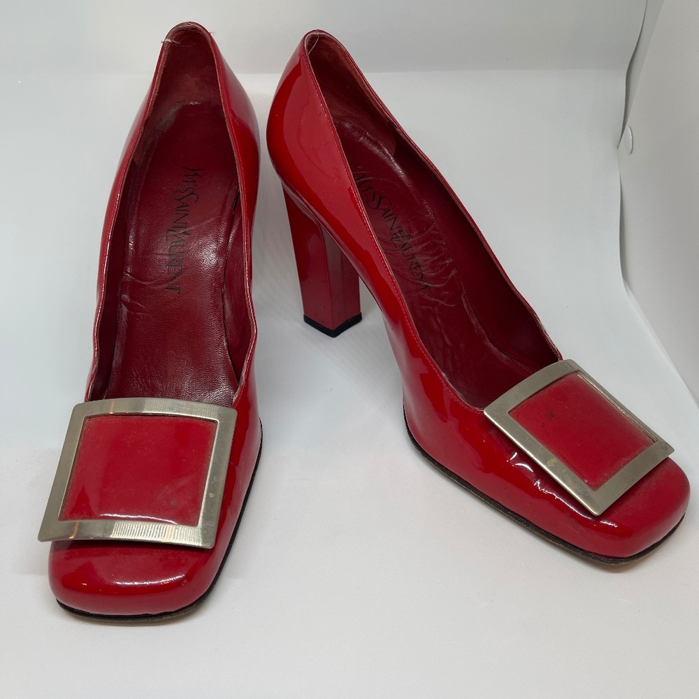 Yves Saint Laurent red square toe chunky heel stiletto 9 1/2